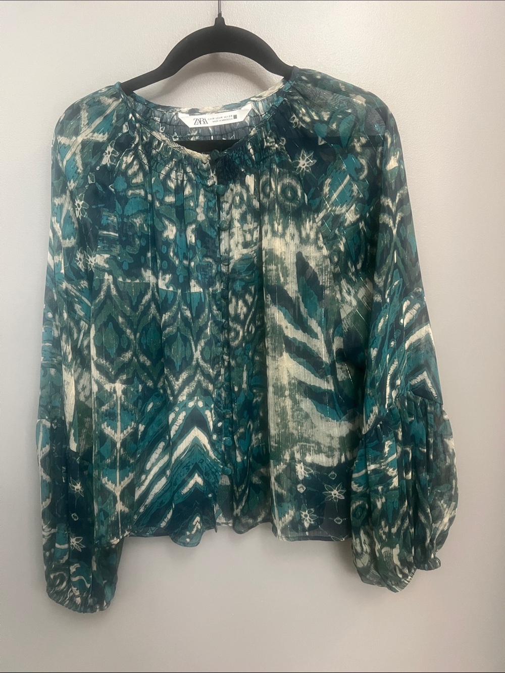Zara Teal and Cream Patterned Long-Sleeve Blouse